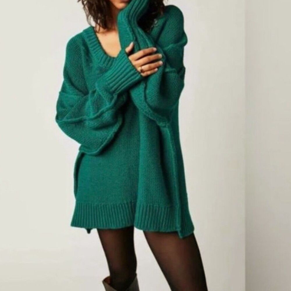 Free People Green Knit Alli V-Neck Mountain View Sweater OB1626643